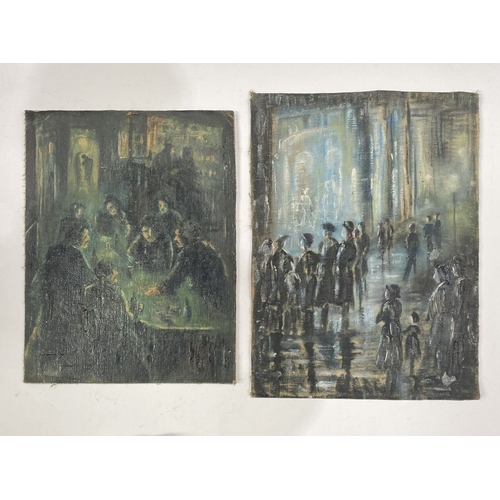 237 - EUROPEAN SCHOOL, 20TH CENTURY, oil on canvas board, depicting outdoor scene with figures, inscribed ... 