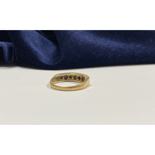 247 - A LOVELY 9CT YELLOW GOLD DIAMOND & SAPPHIRE RING, with four round cut sapphires separated by three r... 