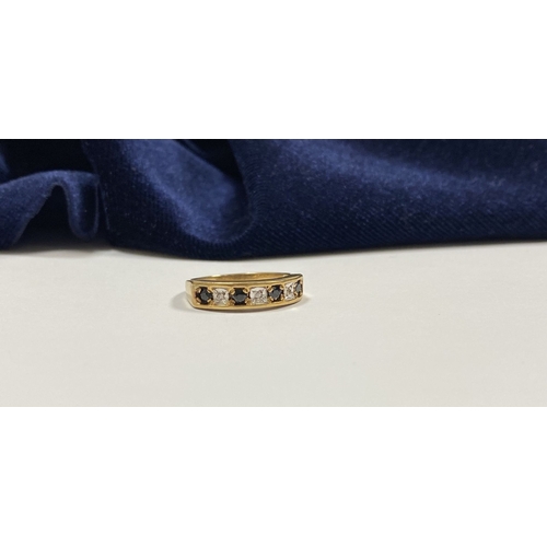 247 - A LOVELY 9CT YELLOW GOLD DIAMOND & SAPPHIRE RING, with four round cut sapphires separated by three r... 