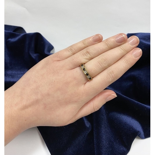 247 - A LOVELY 9CT YELLOW GOLD DIAMOND & SAPPHIRE RING, with four round cut sapphires separated by three r... 