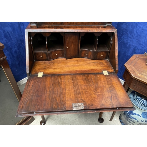 25 - A MAHOGANY QUEEN ANNE STYLE BUREAU BOOKCASE, the carved pediment to arched top with shell motif to c... 