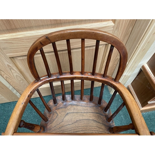 256 - A 19TH CENTURY HARDWOOD CHILDREN’S HIGHCHAIR, c.1820. Winsor style chair, with hoop back and spindle... 