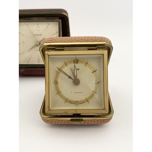 275 - A TRIO OF VINTAGE GERMAN TRAVEL ALARM CLOCKS, (i) by Schatz, made in Germany, 17 jewels, in case wit... 