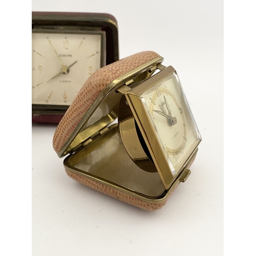 275 - A TRIO OF VINTAGE GERMAN TRAVEL ALARM CLOCKS, (i) by Schatz, made in Germany, 17 jewels, in case wit... 