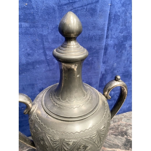 277 - A VINTAGE EARLY 20TH CENTURY SAMOVAR, in pewter, with two scroll handles, nicely detailed engraved a... 