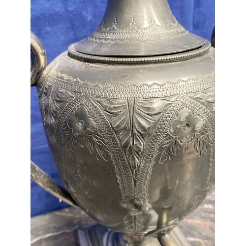 277 - A VINTAGE EARLY 20TH CENTURY SAMOVAR, in pewter, with two scroll handles, nicely detailed engraved a... 