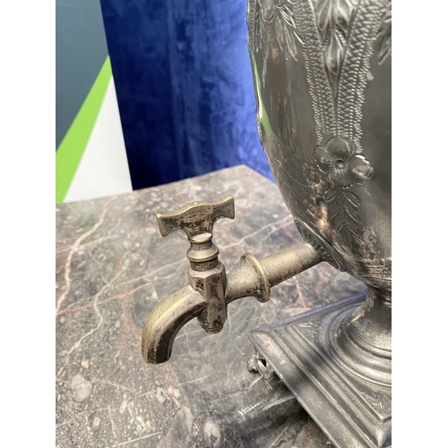 277 - A VINTAGE EARLY 20TH CENTURY SAMOVAR, in pewter, with two scroll handles, nicely detailed engraved a... 