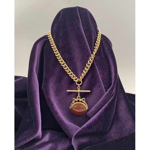 28 - A HEAVY 9CT GOLD ALBERT CHAIN WITH SWIVEL FOB, thick curb link necklace, with T-bar and swivel fob p... 