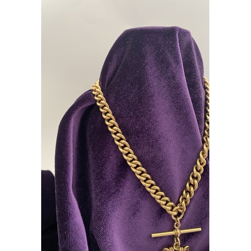 28 - A HEAVY 9CT GOLD ALBERT CHAIN WITH SWIVEL FOB, thick curb link necklace, with T-bar and swivel fob p... 