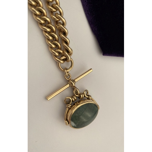 28 - A HEAVY 9CT GOLD ALBERT CHAIN WITH SWIVEL FOB, thick curb link necklace, with T-bar and swivel fob p... 