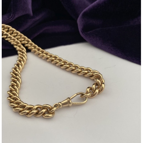 28 - A HEAVY 9CT GOLD ALBERT CHAIN WITH SWIVEL FOB, thick curb link necklace, with T-bar and swivel fob p... 