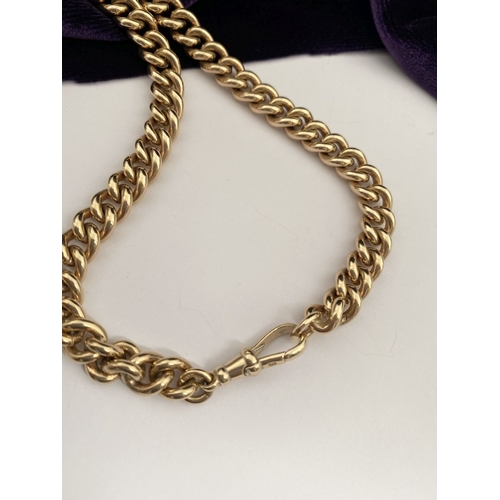 28 - A HEAVY 9CT GOLD ALBERT CHAIN WITH SWIVEL FOB, thick curb link necklace, with T-bar and swivel fob p... 
