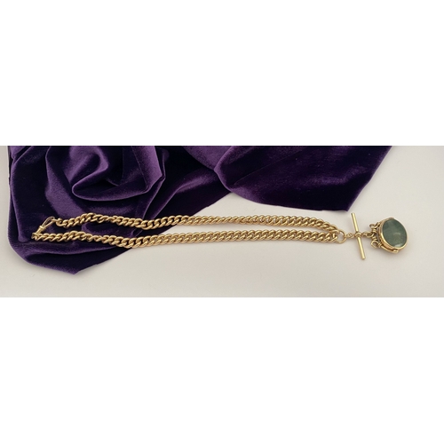 28 - A HEAVY 9CT GOLD ALBERT CHAIN WITH SWIVEL FOB, thick curb link necklace, with T-bar and swivel fob p... 