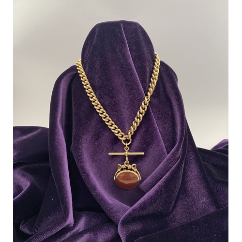 28 - A HEAVY 9CT GOLD ALBERT CHAIN WITH SWIVEL FOB, thick curb link necklace, with T-bar and swivel fob p... 