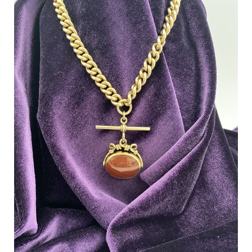 28 - A HEAVY 9CT GOLD ALBERT CHAIN WITH SWIVEL FOB, thick curb link necklace, with T-bar and swivel fob p... 