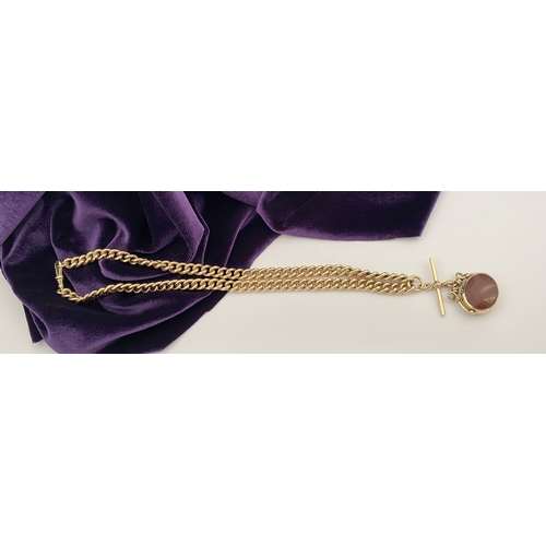 28 - A HEAVY 9CT GOLD ALBERT CHAIN WITH SWIVEL FOB, thick curb link necklace, with T-bar and swivel fob p... 
