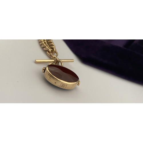 28 - A HEAVY 9CT GOLD ALBERT CHAIN WITH SWIVEL FOB, thick curb link necklace, with T-bar and swivel fob p... 