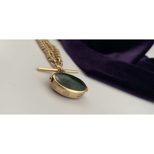 28 - A HEAVY 9CT GOLD ALBERT CHAIN WITH SWIVEL FOB, thick curb link necklace, with T-bar and swivel fob p... 