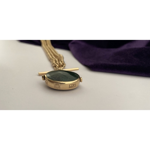 28 - A HEAVY 9CT GOLD ALBERT CHAIN WITH SWIVEL FOB, thick curb link necklace, with T-bar and swivel fob p... 