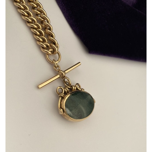 28 - A HEAVY 9CT GOLD ALBERT CHAIN WITH SWIVEL FOB, thick curb link necklace, with T-bar and swivel fob p... 