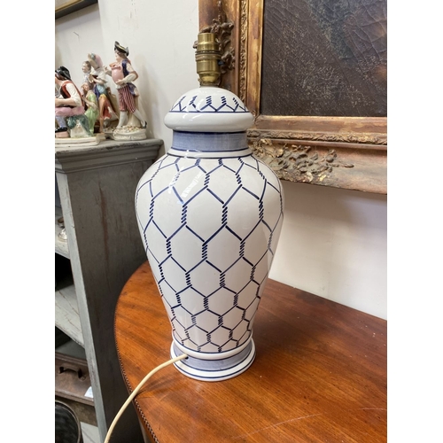 37 - A PAIR OF 19TH CENTURY ITALIAN HAND-PAINTED CERAMIC TABLE LAMPS, ginger jar form with geometric patt... 