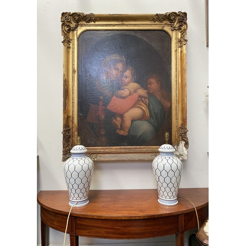 37 - A PAIR OF 19TH CENTURY ITALIAN HAND-PAINTED CERAMIC TABLE LAMPS, ginger jar form with geometric patt... 