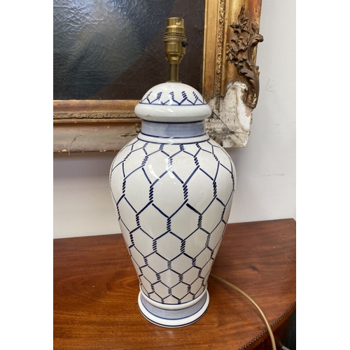 37 - A PAIR OF 19TH CENTURY ITALIAN HAND-PAINTED CERAMIC TABLE LAMPS, ginger jar form with geometric patt... 