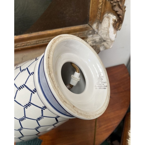 37 - A PAIR OF 19TH CENTURY ITALIAN HAND-PAINTED CERAMIC TABLE LAMPS, ginger jar form with geometric patt... 