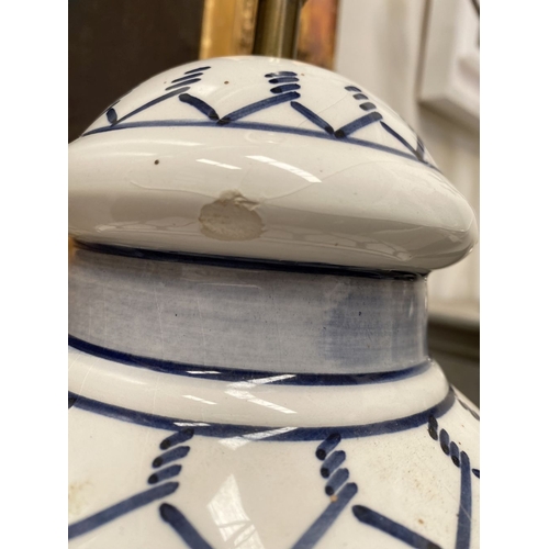 37 - A PAIR OF 19TH CENTURY ITALIAN HAND-PAINTED CERAMIC TABLE LAMPS, ginger jar form with geometric patt... 
