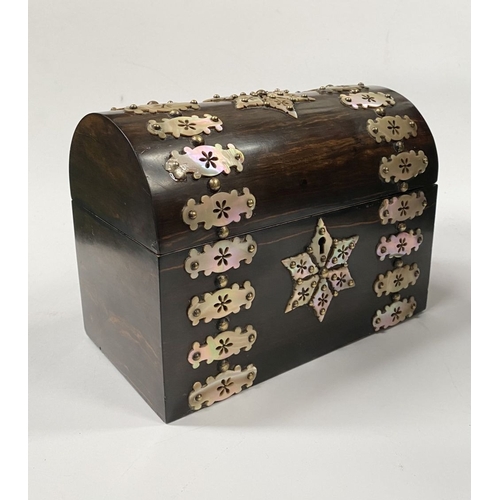 43 - A VICTORIAN COROMANDEL MOTHER OF PEARL STATIONARY BOX, with domed hinged cover opening to reveal fit... 