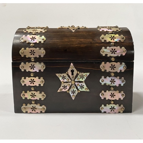 43 - A VICTORIAN COROMANDEL MOTHER OF PEARL STATIONARY BOX, with domed hinged cover opening to reveal fit... 