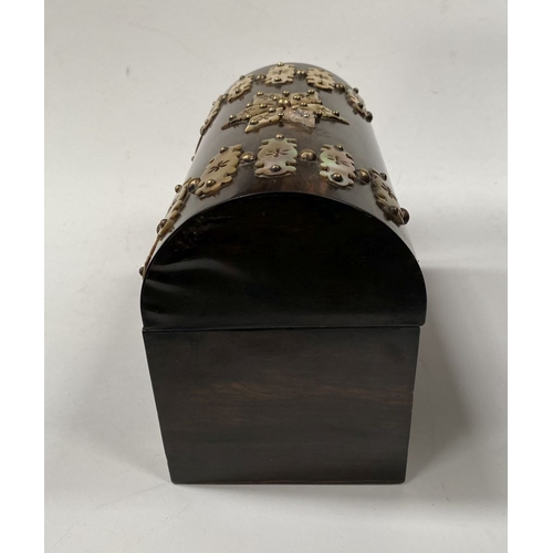 43 - A VICTORIAN COROMANDEL MOTHER OF PEARL STATIONARY BOX, with domed hinged cover opening to reveal fit... 