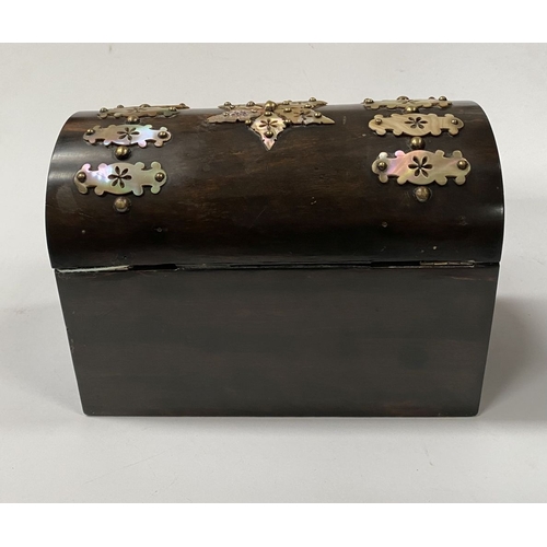 43 - A VICTORIAN COROMANDEL MOTHER OF PEARL STATIONARY BOX, with domed hinged cover opening to reveal fit... 
