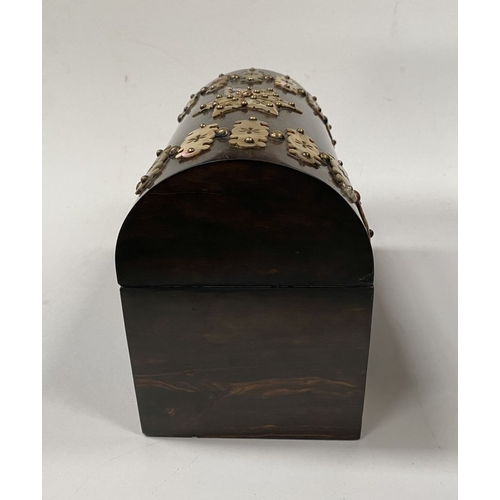 43 - A VICTORIAN COROMANDEL MOTHER OF PEARL STATIONARY BOX, with domed hinged cover opening to reveal fit... 