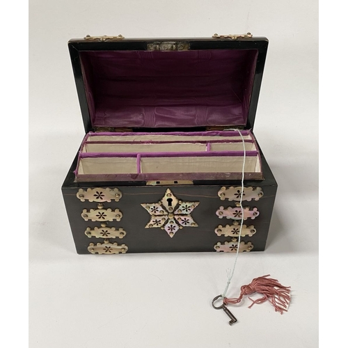 43 - A VICTORIAN COROMANDEL MOTHER OF PEARL STATIONARY BOX, with domed hinged cover opening to reveal fit... 