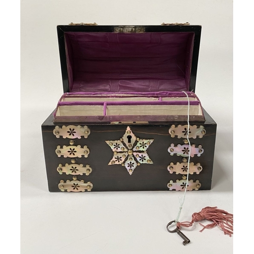 43 - A VICTORIAN COROMANDEL MOTHER OF PEARL STATIONARY BOX, with domed hinged cover opening to reveal fit... 