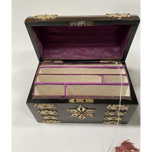 43 - A VICTORIAN COROMANDEL MOTHER OF PEARL STATIONARY BOX, with domed hinged cover opening to reveal fit... 