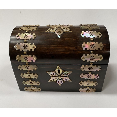 43 - A VICTORIAN COROMANDEL MOTHER OF PEARL STATIONARY BOX, with domed hinged cover opening to reveal fit... 