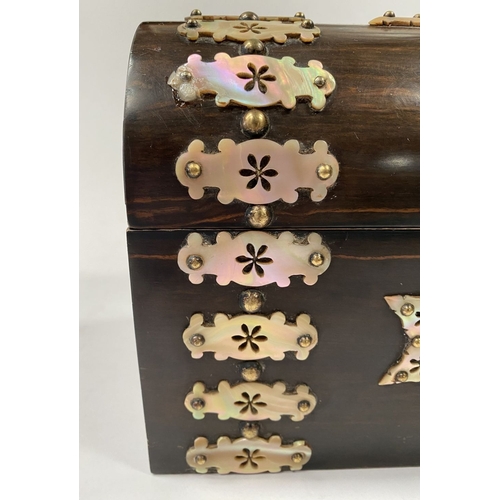 43 - A VICTORIAN COROMANDEL MOTHER OF PEARL STATIONARY BOX, with domed hinged cover opening to reveal fit... 