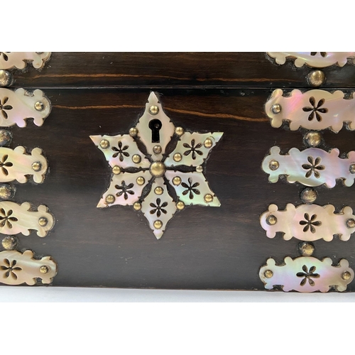 43 - A VICTORIAN COROMANDEL MOTHER OF PEARL STATIONARY BOX, with domed hinged cover opening to reveal fit... 