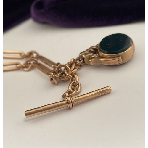 5 - A 9CT ROSEGOLD TROMBONE LINK T-BAR & SWIVEL FOB NECKLACE, trombone link necklace with T-bar & swivel... 