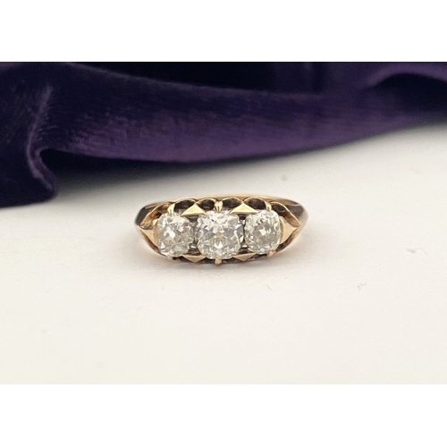 51 - A REALLY BEAUTIFUL 18CT GOLD THREE STONE DIAMOND RING, with three round brilliant cut diamonds in de... 