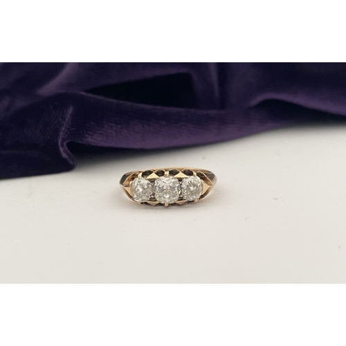 51 - A REALLY BEAUTIFUL 18CT GOLD THREE STONE DIAMOND RING, with three round brilliant cut diamonds in de... 