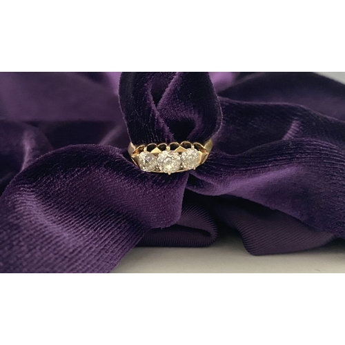 51 - A REALLY BEAUTIFUL 18CT GOLD THREE STONE DIAMOND RING, with three round brilliant cut diamonds in de... 