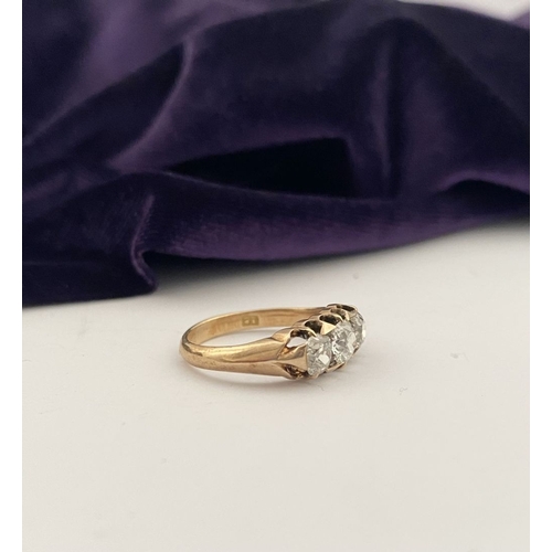 51 - A REALLY BEAUTIFUL 18CT GOLD THREE STONE DIAMOND RING, with three round brilliant cut diamonds in de... 