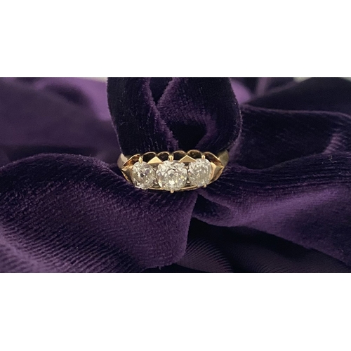 51 - A REALLY BEAUTIFUL 18CT GOLD THREE STONE DIAMOND RING, with three round brilliant cut diamonds in de... 