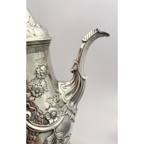 6 - AN EXCEPTIONAL GEORGE III IRISH SILVER COFFEE POT, Hallmarked with Makers mark Charles Townsend, Ski... 