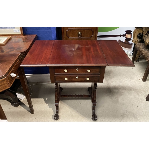 132 - A WILLIAM IV DROP LEAF TWO DRAWER TABLE, the drop leaves with canted corners, the two drawers to fro... 