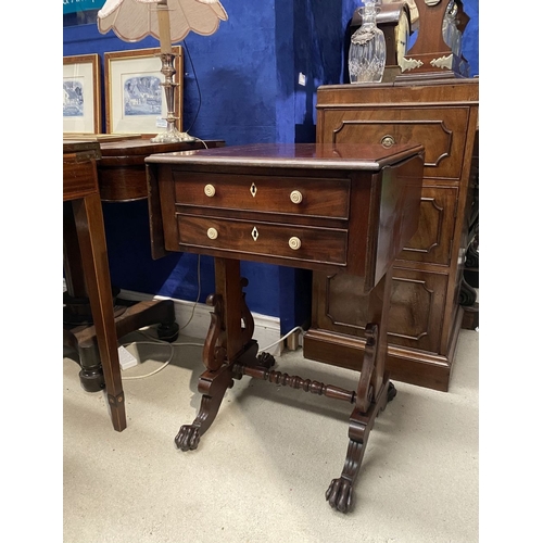 132 - A WILLIAM IV DROP LEAF TWO DRAWER TABLE, the drop leaves with canted corners, the two drawers to fro... 