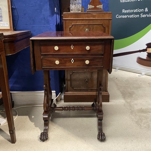 132 - A WILLIAM IV DROP LEAF TWO DRAWER TABLE, the drop leaves with canted corners, the two drawers to fro... 